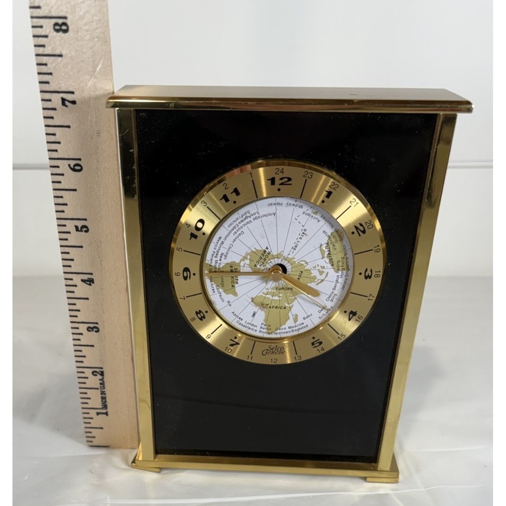 Selco Geneve 7" Gold Rectangle Desk/Mantle World Map Clock Vintage TESTED - Picture 3 of 8